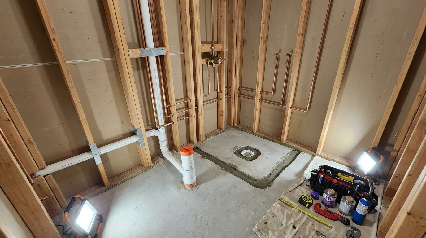 Bathroom rough-in plumbing during remodel by Johns Plumbing LLC in Springvale
