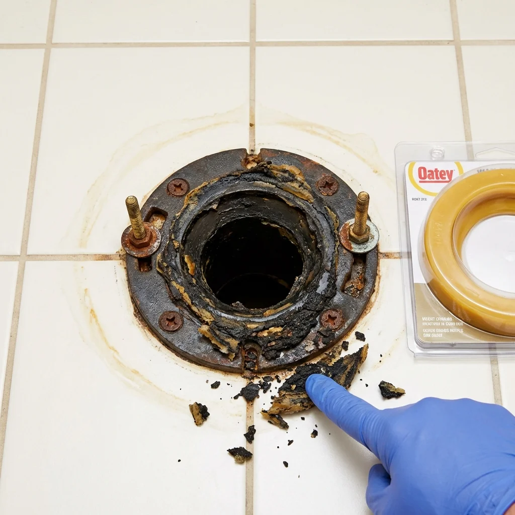 Failed wax ring showing water seepage at the base of a toilet in a Springvale, ME home