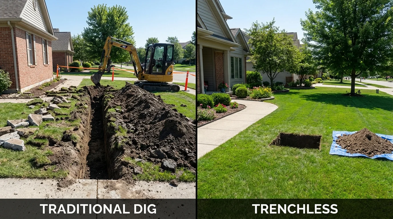 Trenchless sewer repair with minimal yard damage versus traditional excavation in Springvale, ME