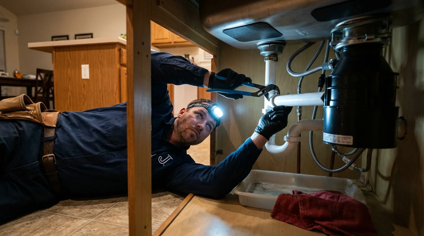 P-trap and supply line connections under a kitchen sink showing a common leak point in Springvale, ME